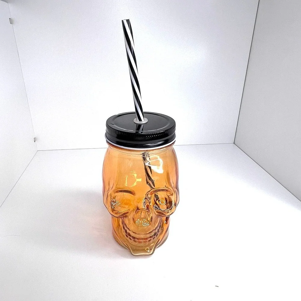 Skull Glass‎ with Straw Halloween Orange Travel Cup Mason Jar Mug 14oz